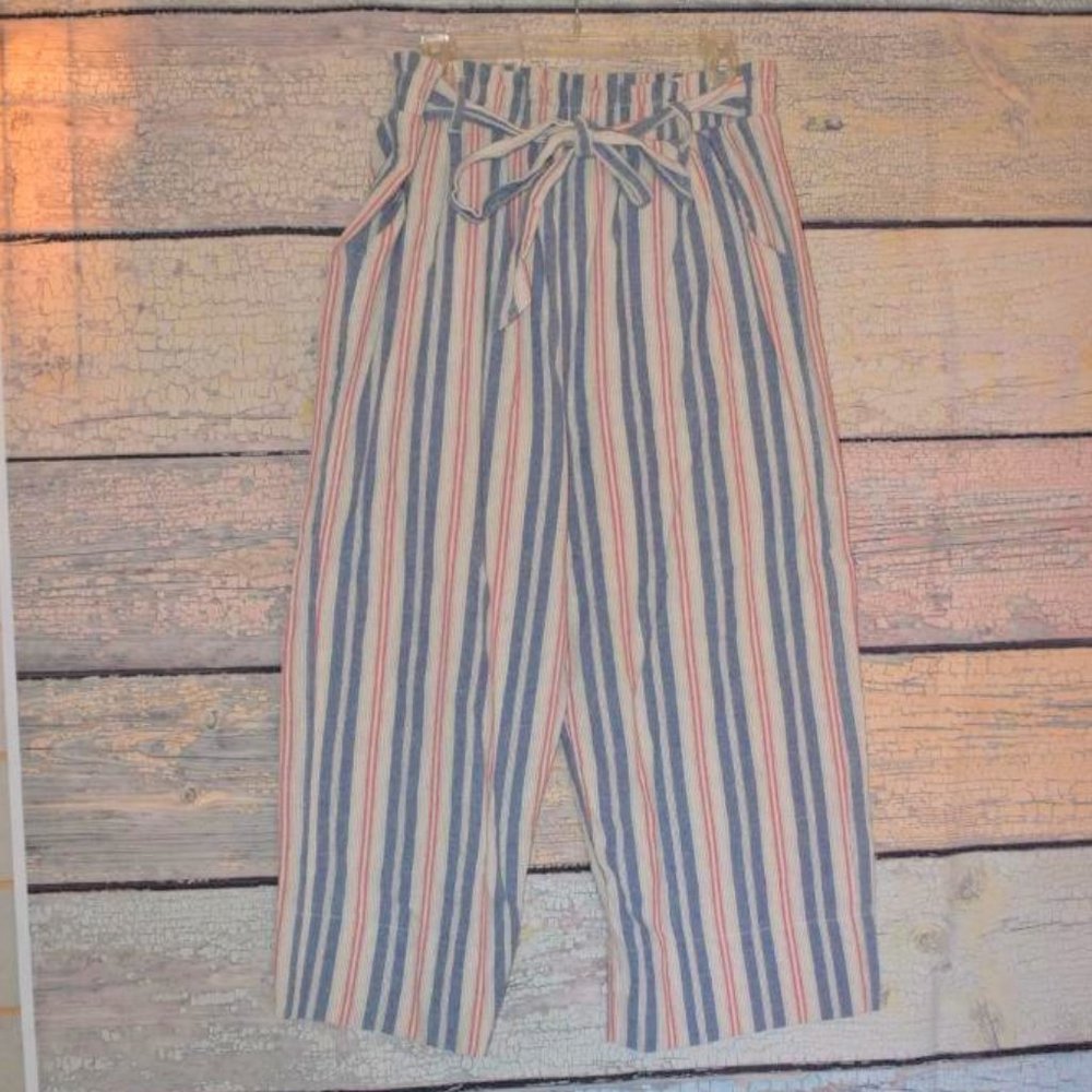 Knox Rose Striped Linen Pants XL Wide Elastic Waist Tie Cotton Blue Red Beige